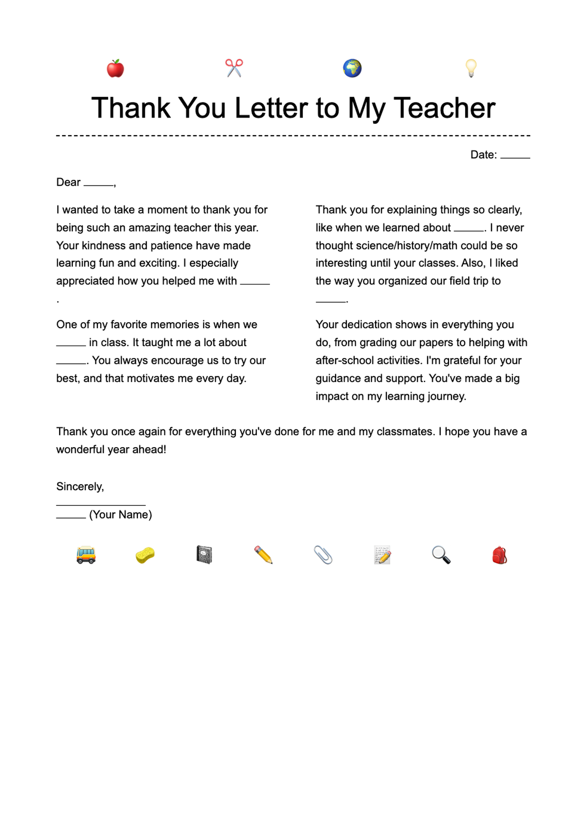 Student thank you letter template for teacher end of year with fill in blanks and school icons_variant_3